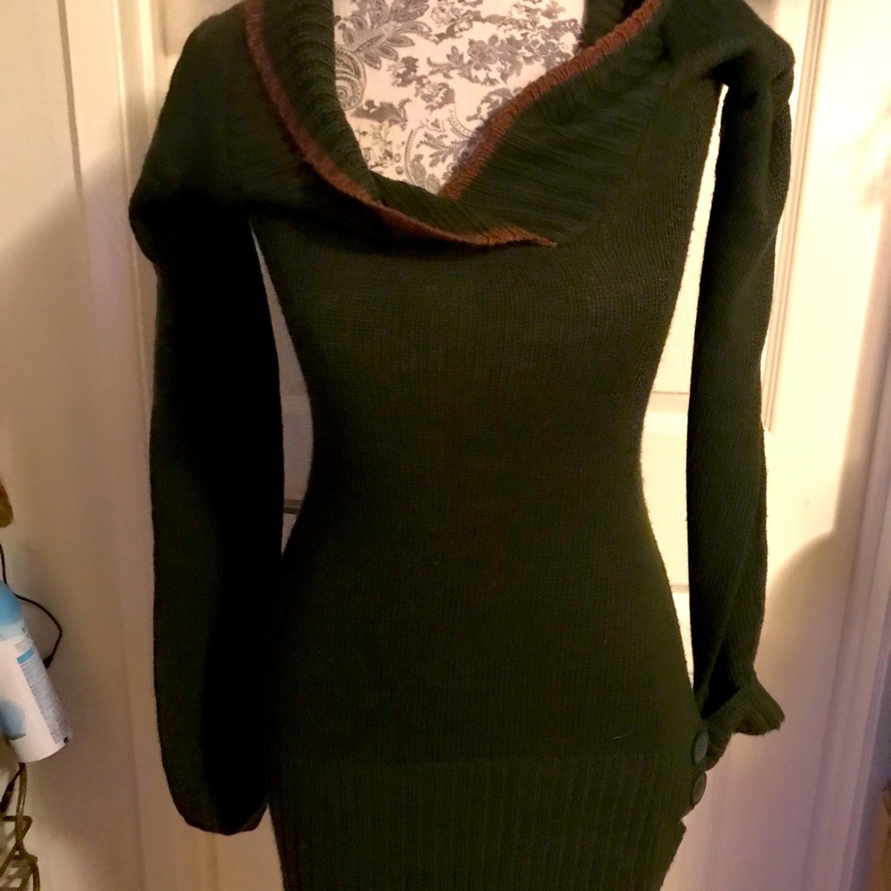 Hunter green maroon trim neck sweater dress